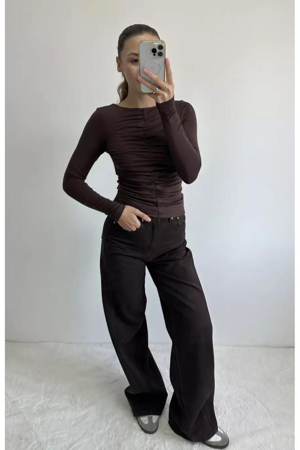 Лонгслів з драпіруванням LS013 Шоколадний, S