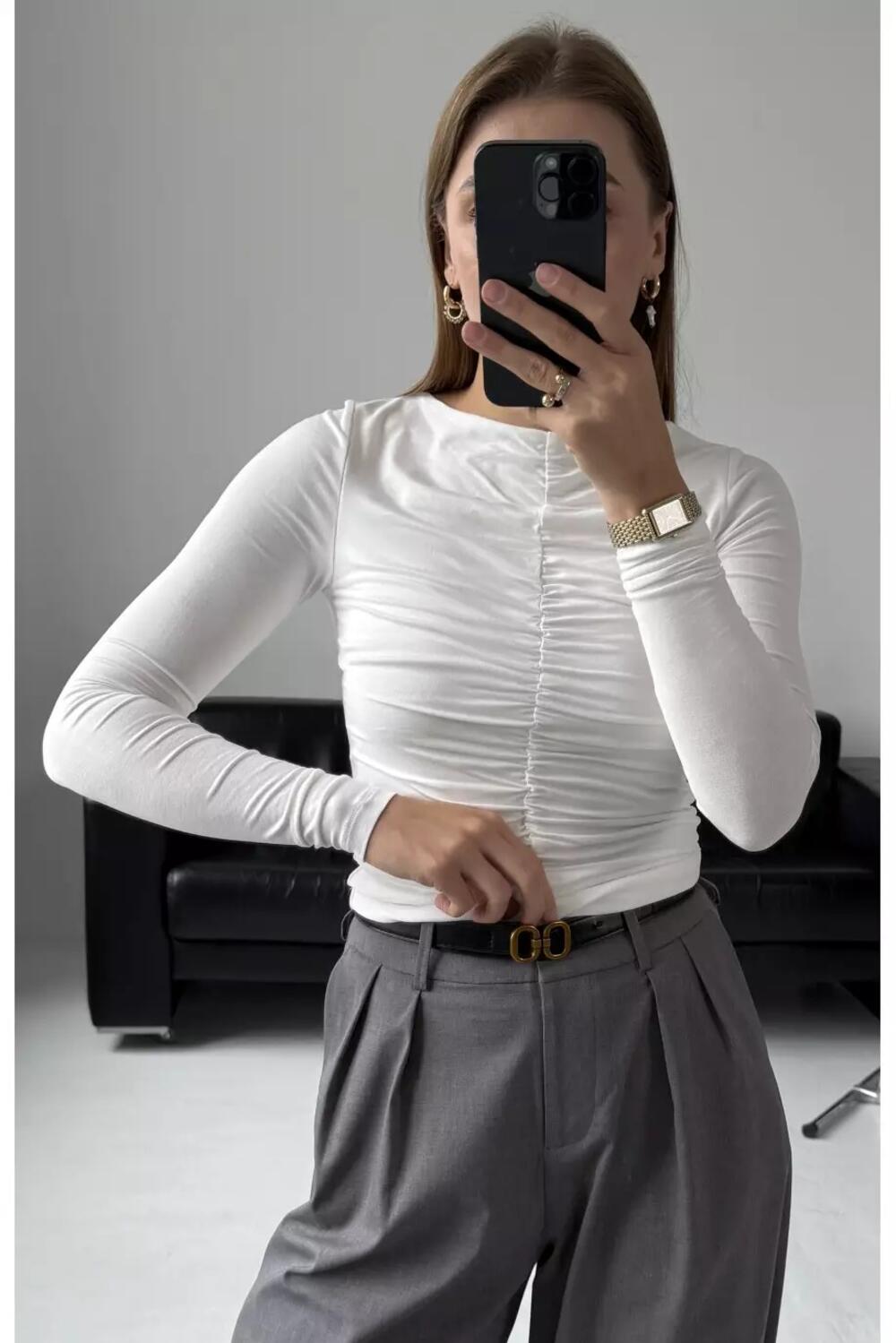 Лонгслів з драпіруванням LS013 Молочний, M