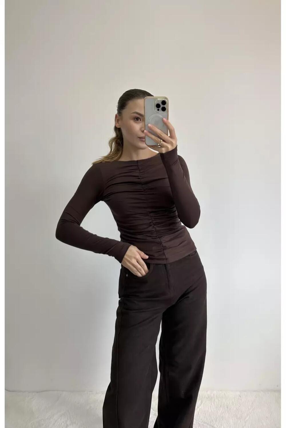 Лонгслів з драпіруванням LS013 Шоколадний, S