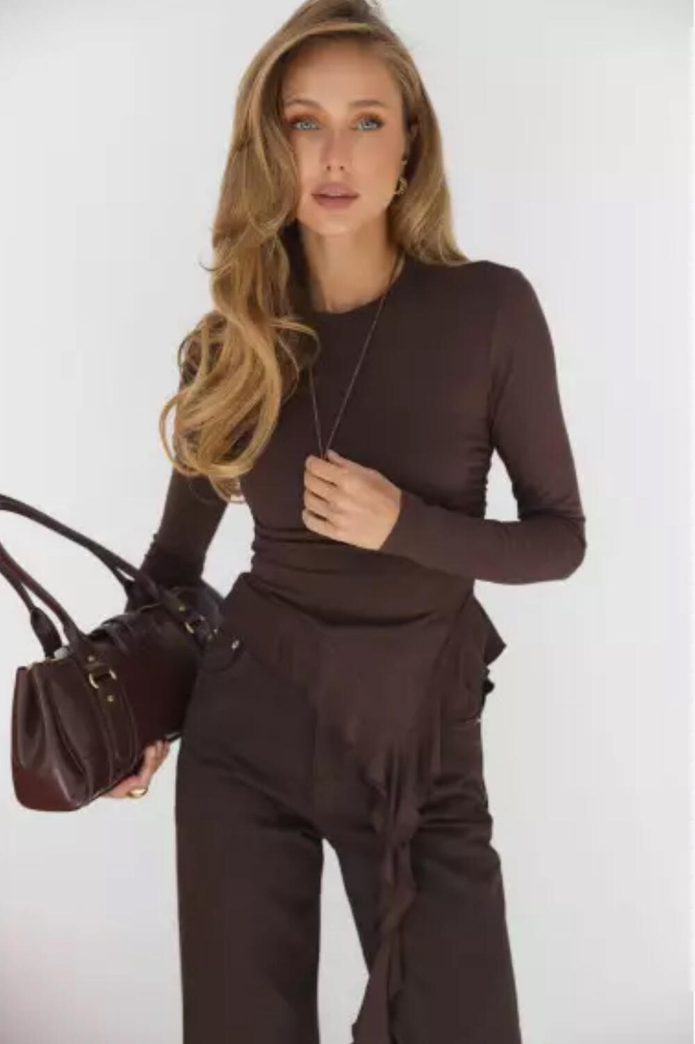Лонгслів з рюшами МІА Шоколадний, XS/S