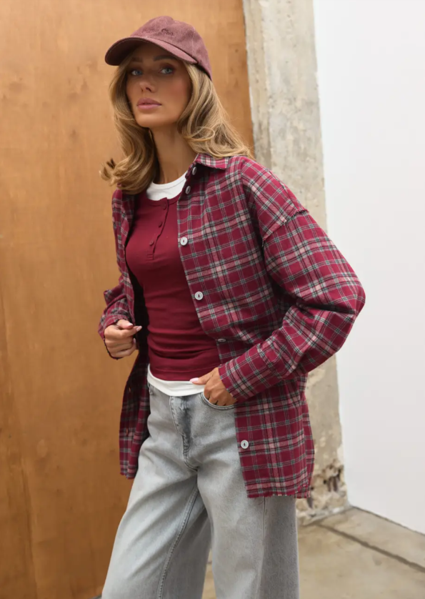 Сорочка в клітинку з акцентними швами TW28 Бургунді, M/L
