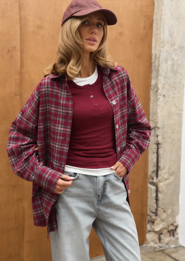 Сорочка в клітинку з акцентними швами TW28 Бургунді, M/L