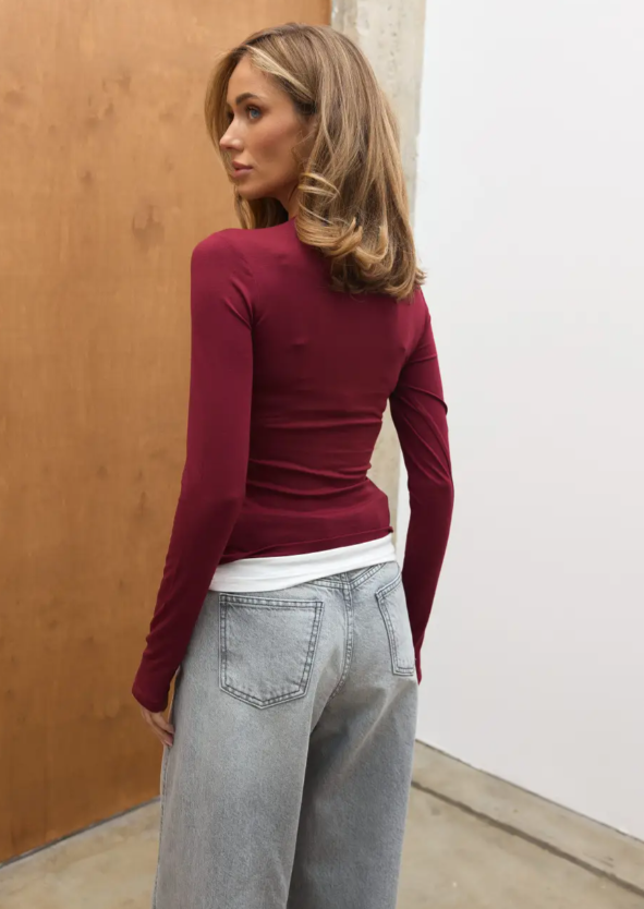 Лонгслів на гудзиках контрастний LS016 Бургунді, L