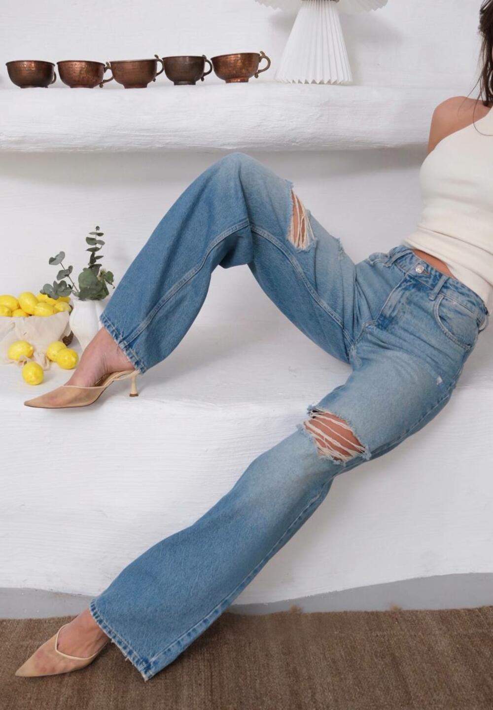 джинси 305/1647/ висока посадка  WIDE LEG диструкція на коліні Грязно-синій, 36