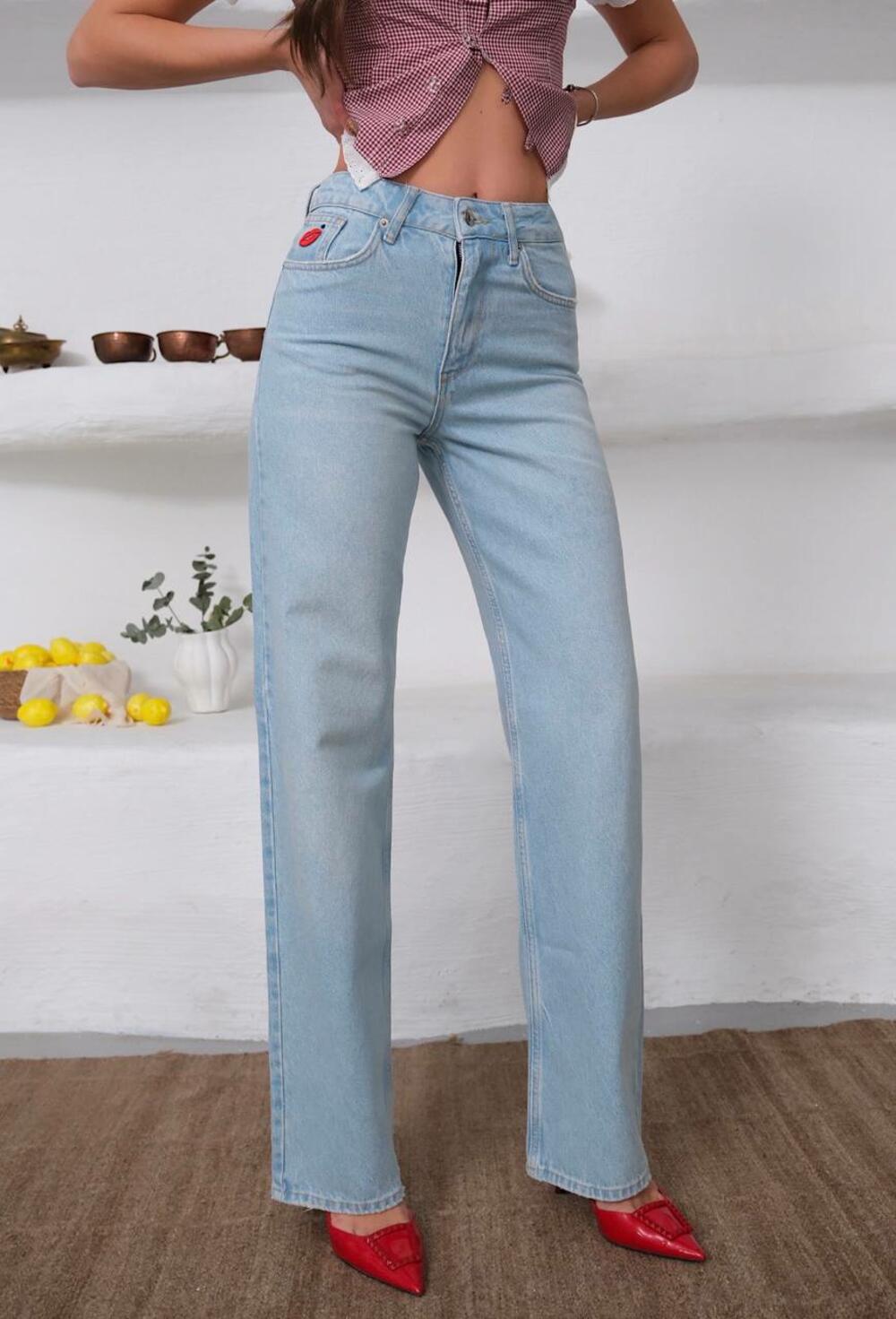 Джинси 2003/1650/ середня посадка  WIDE LEG акцентні губи на кармані Блакитний DENIM, 34