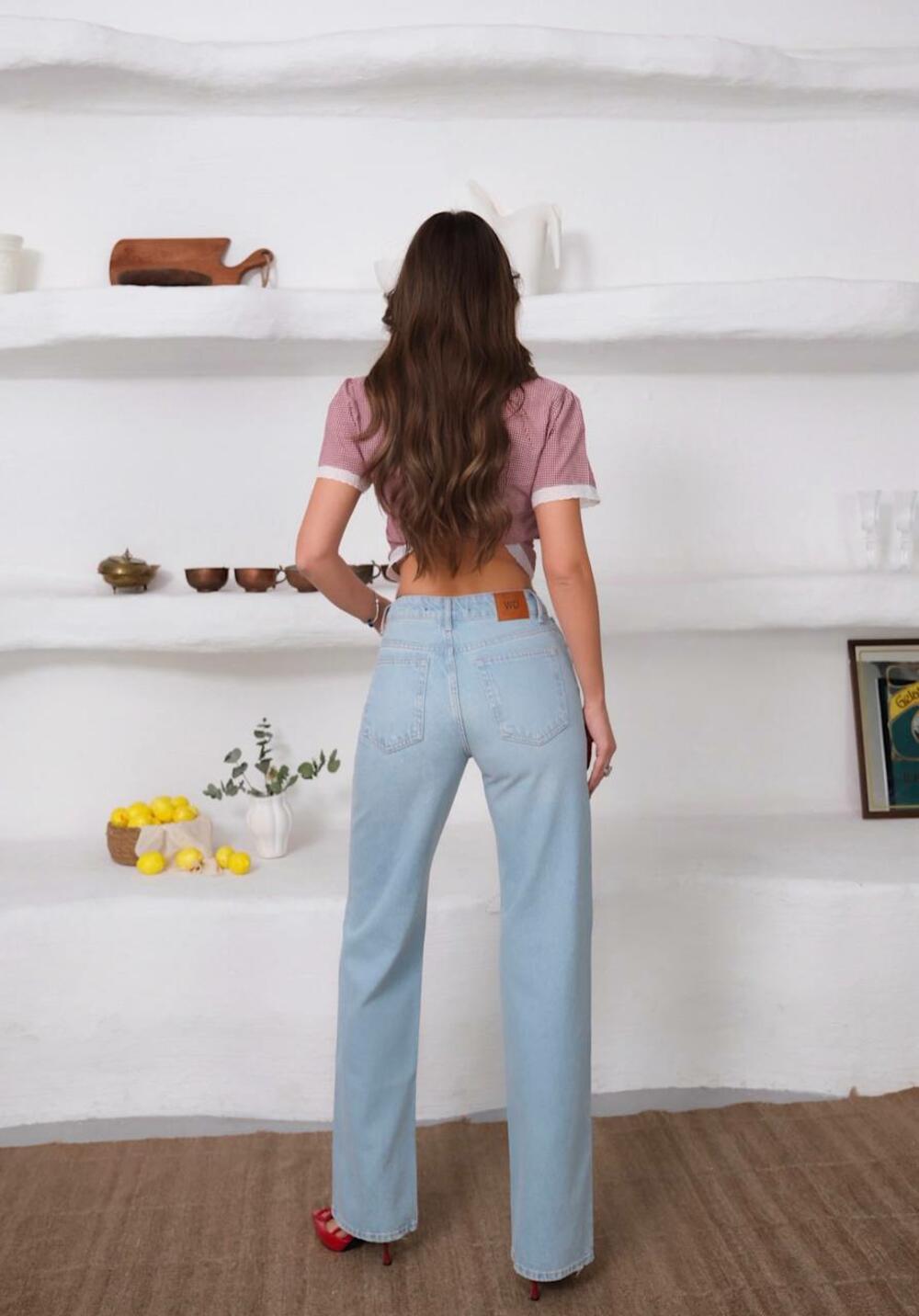 Джинси 2003/1650/ середня посадка  WIDE LEG акцентні губи на кармані Блакитний DENIM, 38