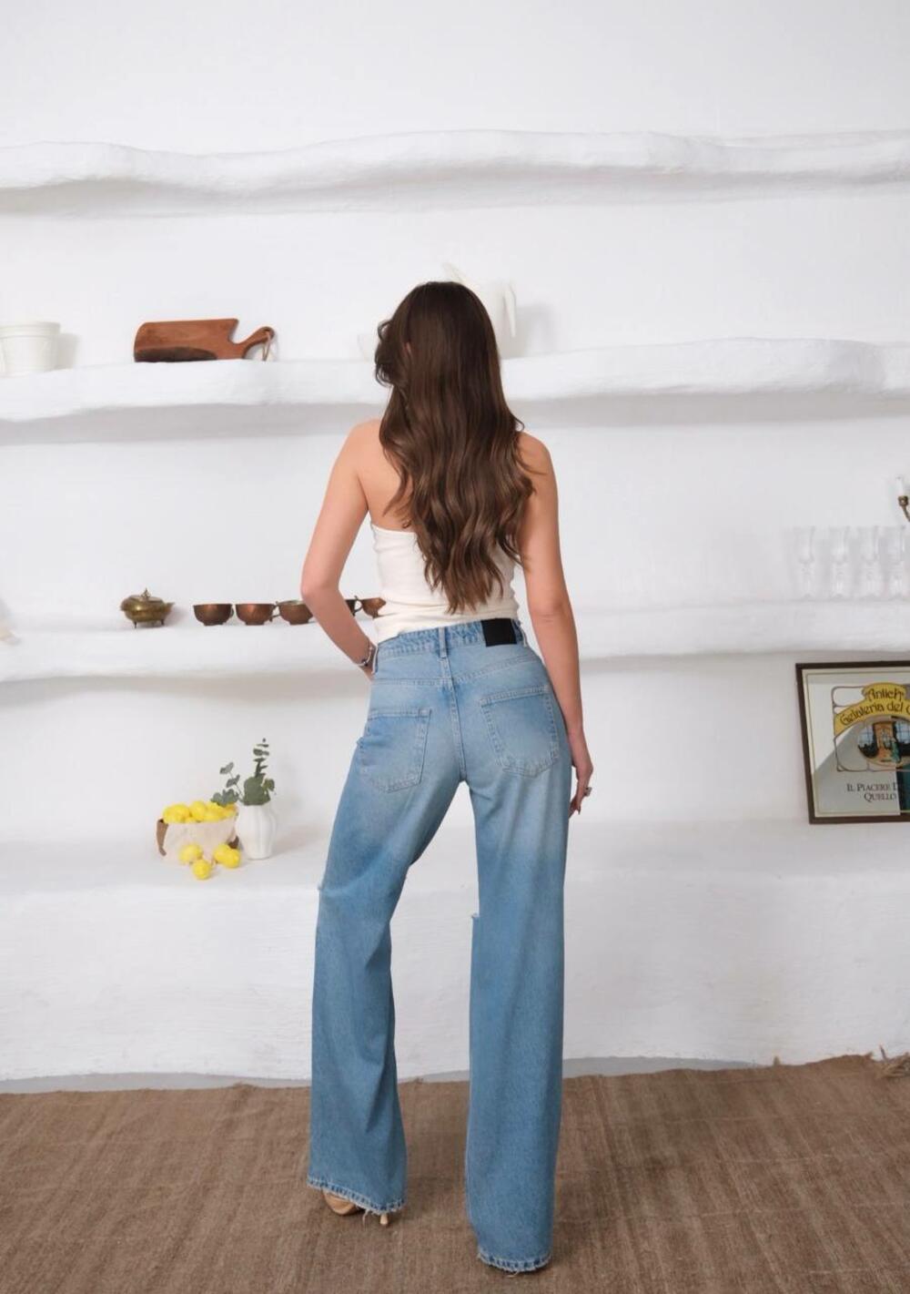 джинси 305/1647/ висока посадка  WIDE LEG диструкція на коліні Грязно-синій, 38