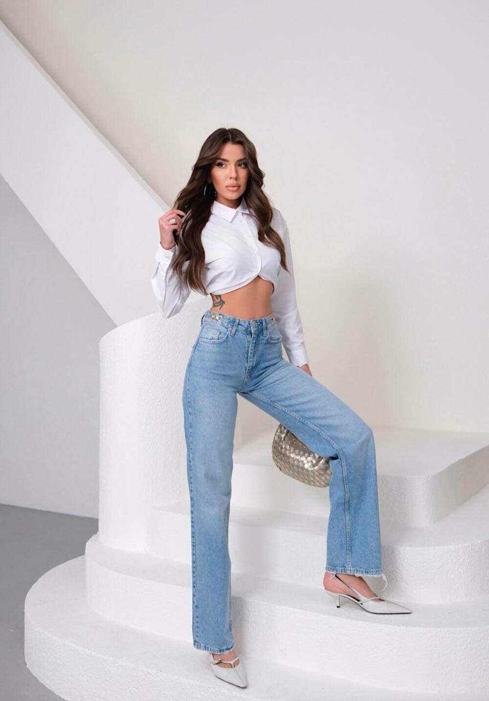 Джинси 2003/1637/ висока посадка  WIDE LEG брошка на поясі Блакитний DENIM, 34