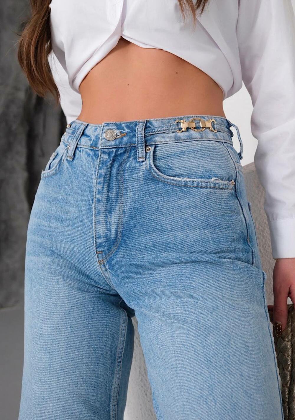 Джинси 2003/1637/ висока посадка  WIDE LEG брошка на поясі Блакитний DENIM, 36