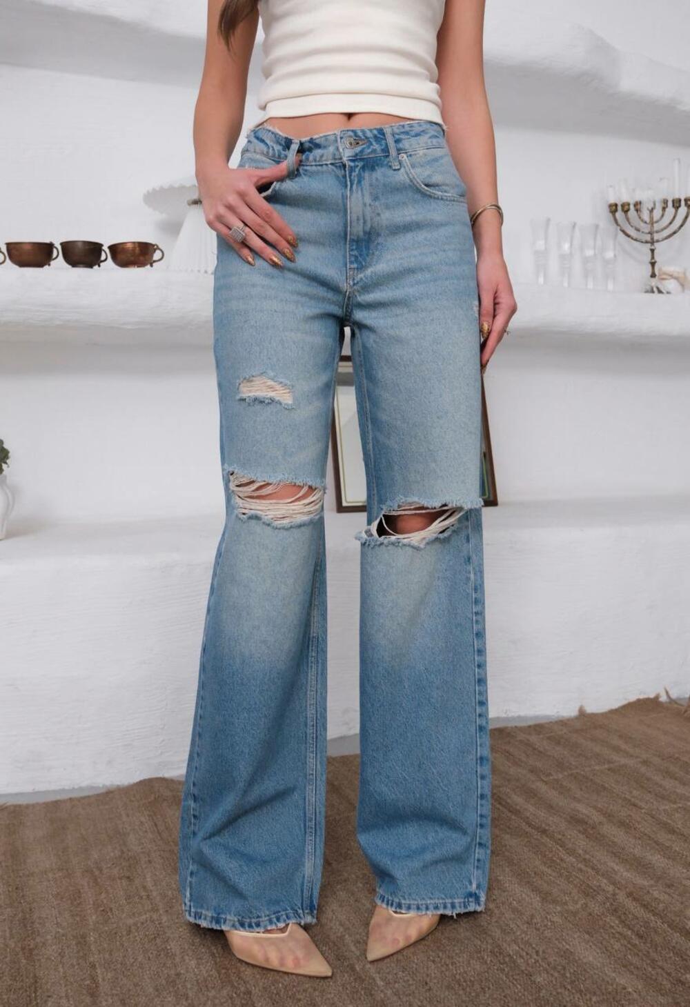 джинси 305/1647/ висока посадка  WIDE LEG диструкція на коліні Грязно-синій, 34